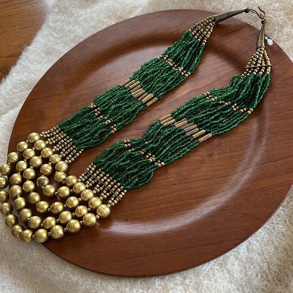 Green and Gold Beads Multilayered Statement Mixed Materials Artisan Necklace - Picture 6 of 17